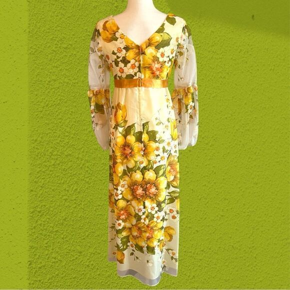 60s vintage Nu-Mode chiffon empire waist gown floral - Picture 3 of 16